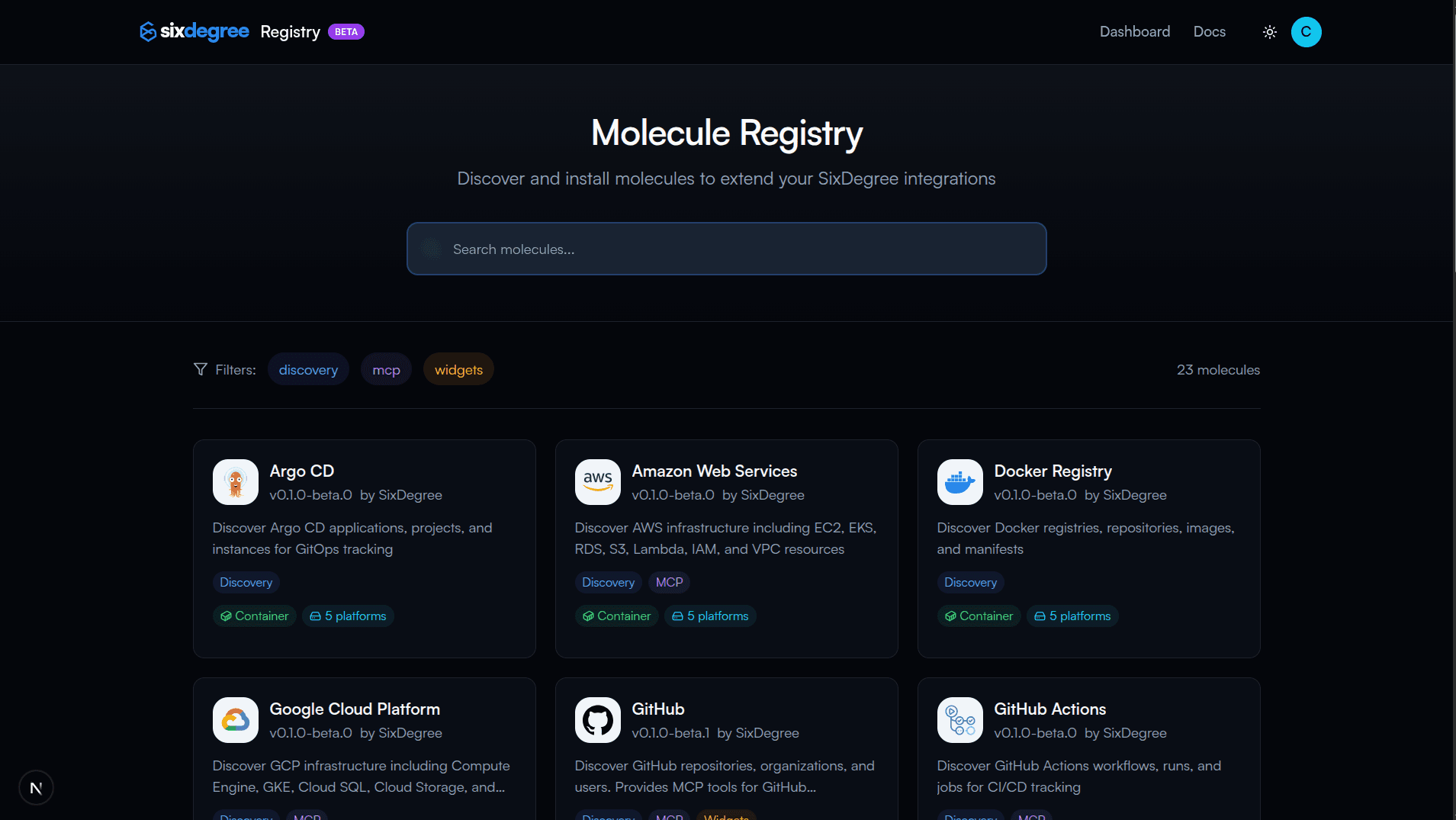 SixDegree molecule registry showing available integrations for AWS, GitHub, Docker, and more