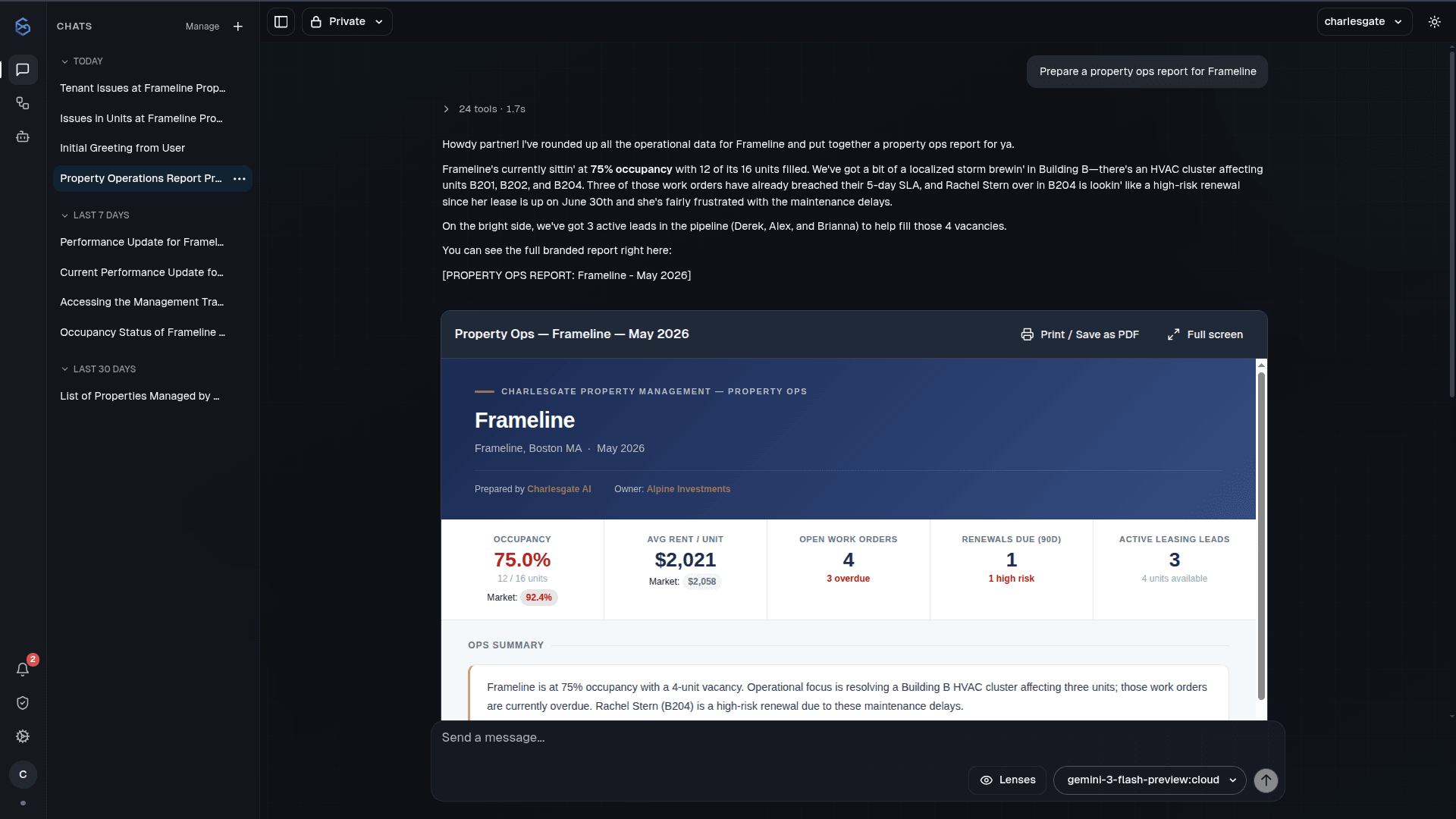 SixDegree AI generating a property operations report from live data